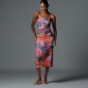 Anthropologie Strapless Floral Midi Dress in Pink and Blue